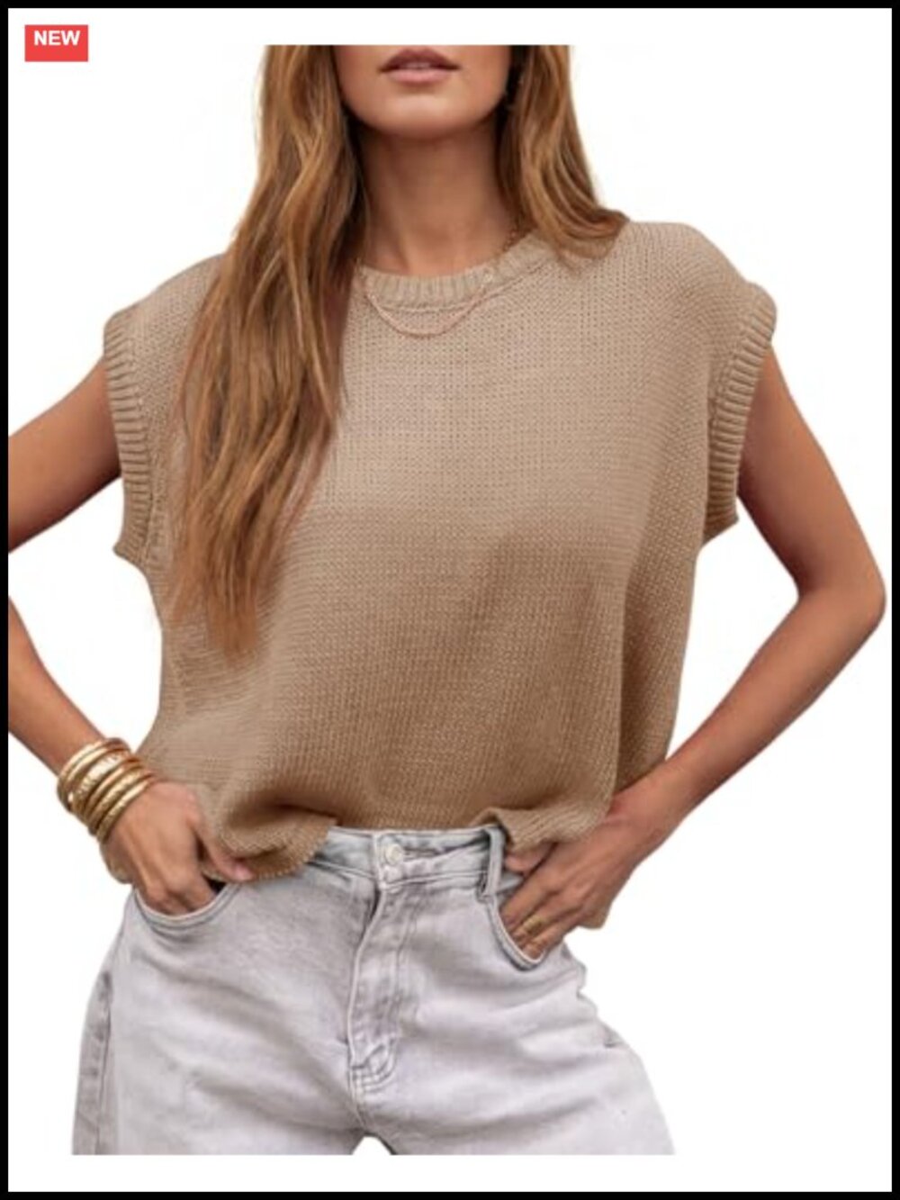 Womens Sleeveless Knit Sweater Vest Cap Sleeve Crew Neck 55% Acrylic 45% Cotton